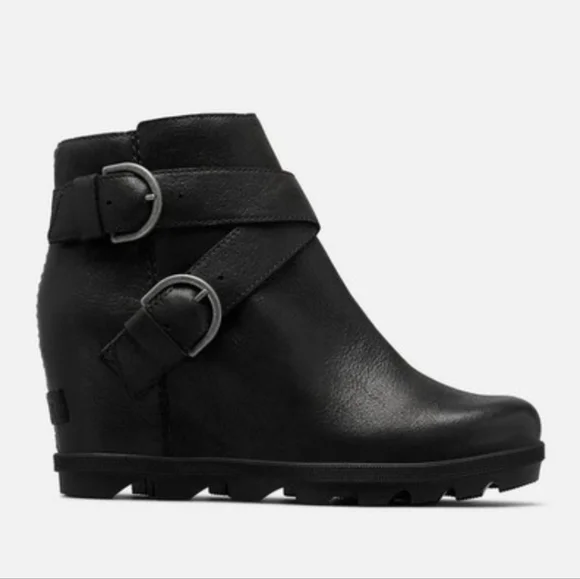 Sorel "Joan of Arctic Wedge II Buckle Bootie" WP Black Leather | Women's Size 8 - Picture 1 of 14